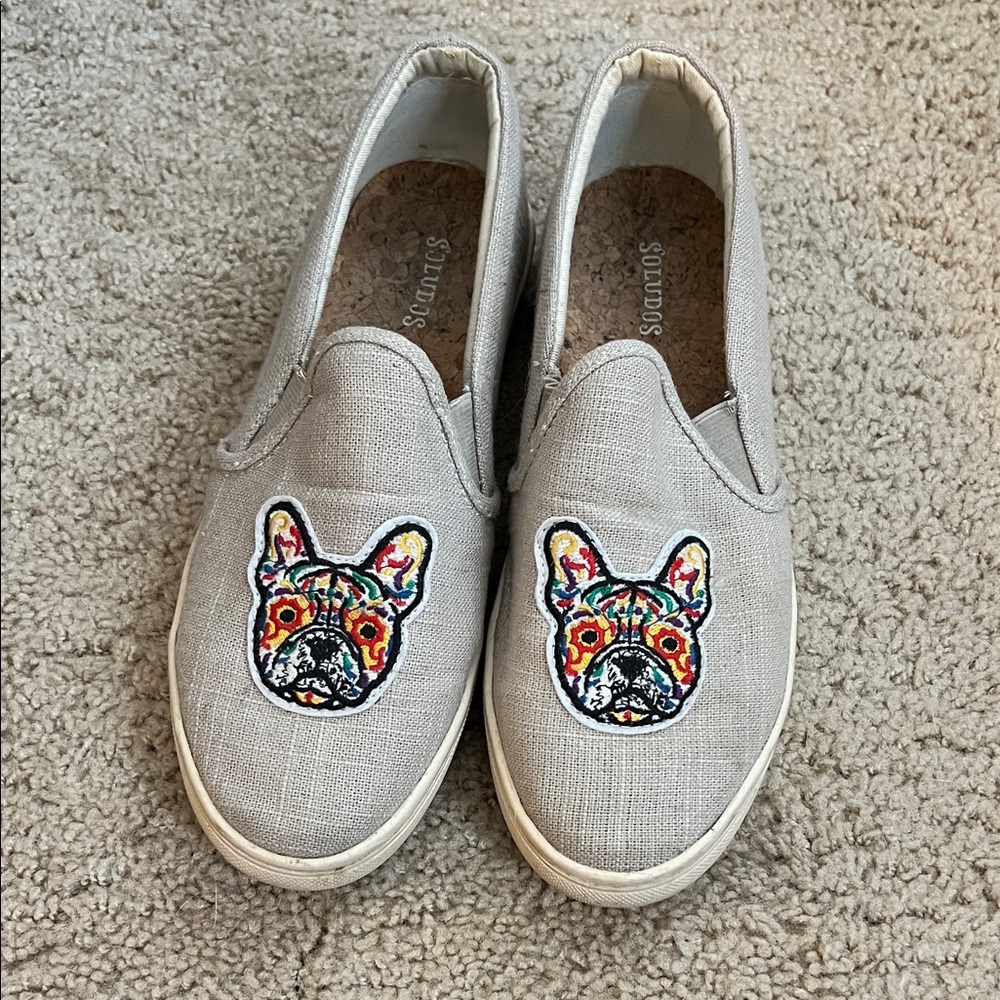 Gray Slip-On Soludos Sneakers Shoes with Colorful Embroidered Frenchies